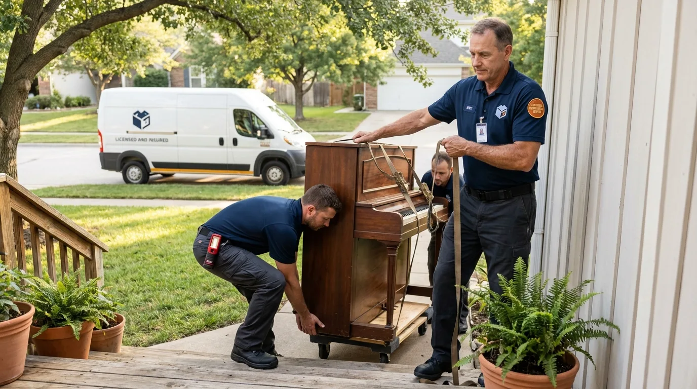 Licensed piano movers securing grand piano in Murrieta, CA
