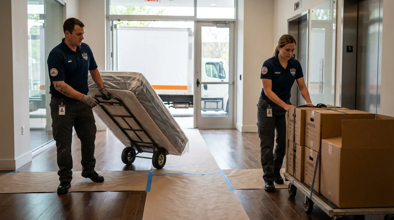 Professional apartment movers loading elevator in Murrieta, CA
